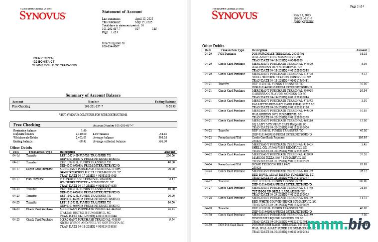 USA Synovus Bank statement szablon Worda i PDF, 4 stronas 2